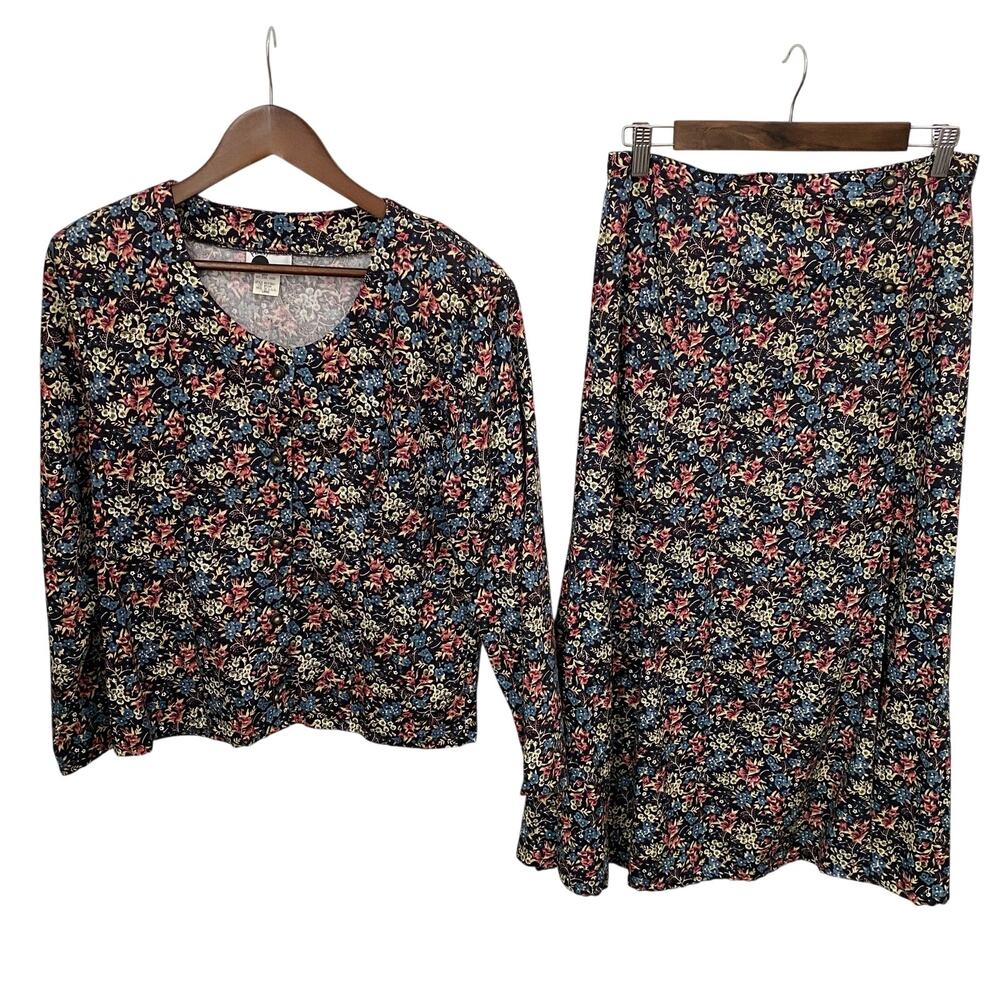 Vintage 80s 90s Floral 2pc Set Button Top & Midi Skirt Side Buttons - Picture 2 of 15